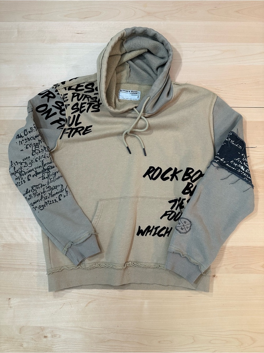 Smoke Rise Beige Graphic Patchwork Pullover Hoodie Large